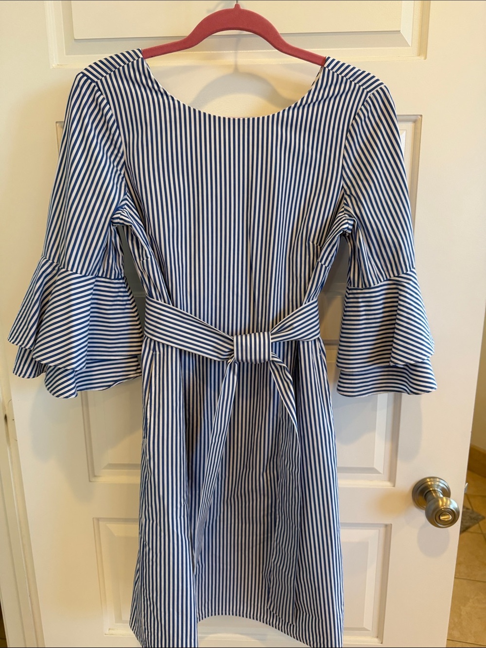 Nine West Navy and White Striped Bell-Sleeve Dress